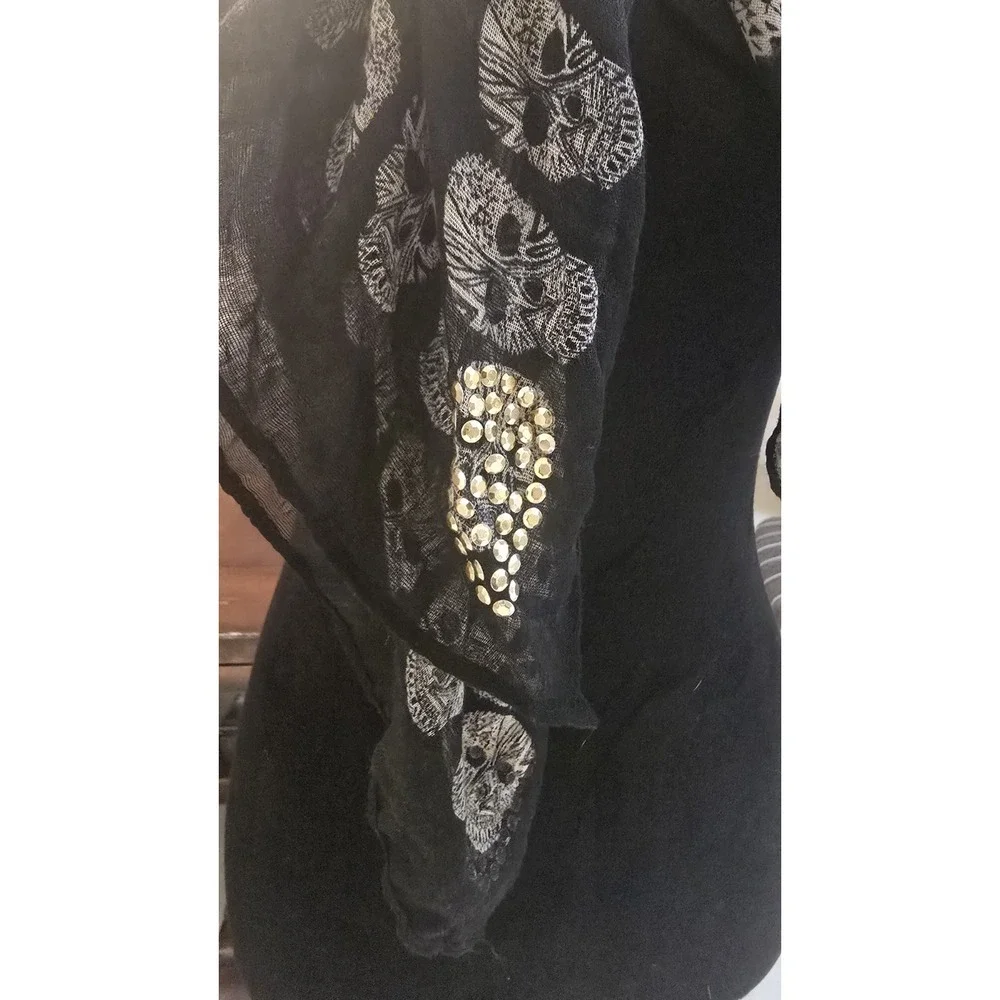Women Scarf Skull Shawl Soft Long Elegant Classical Sheer Black Beaded Halloween